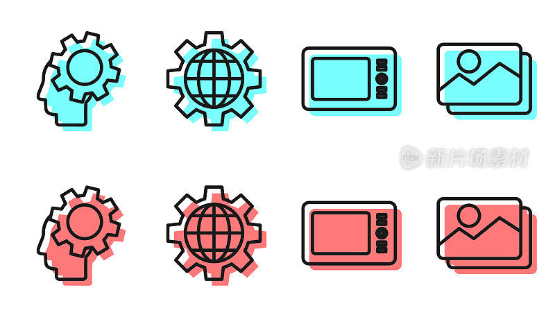 Set line Graphic tablet, Human head with gear inside, Globe of the Earth and gear and Picture landscape icon. Vector